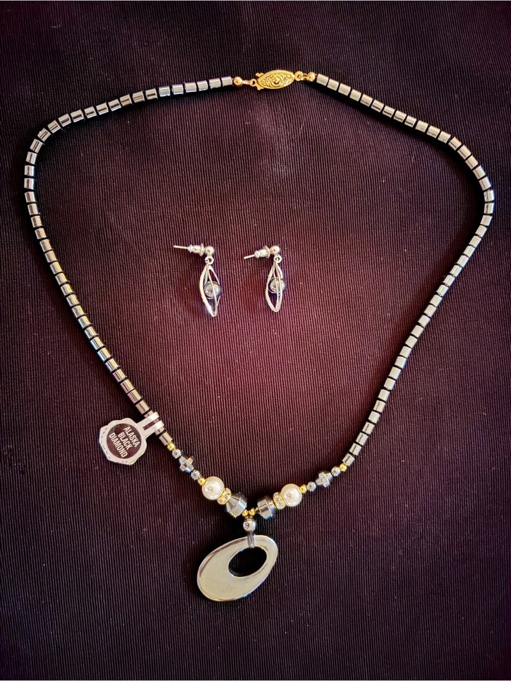 New Genuine Pearl and Black Diamond Hematite-Necklace and Earrings 925
